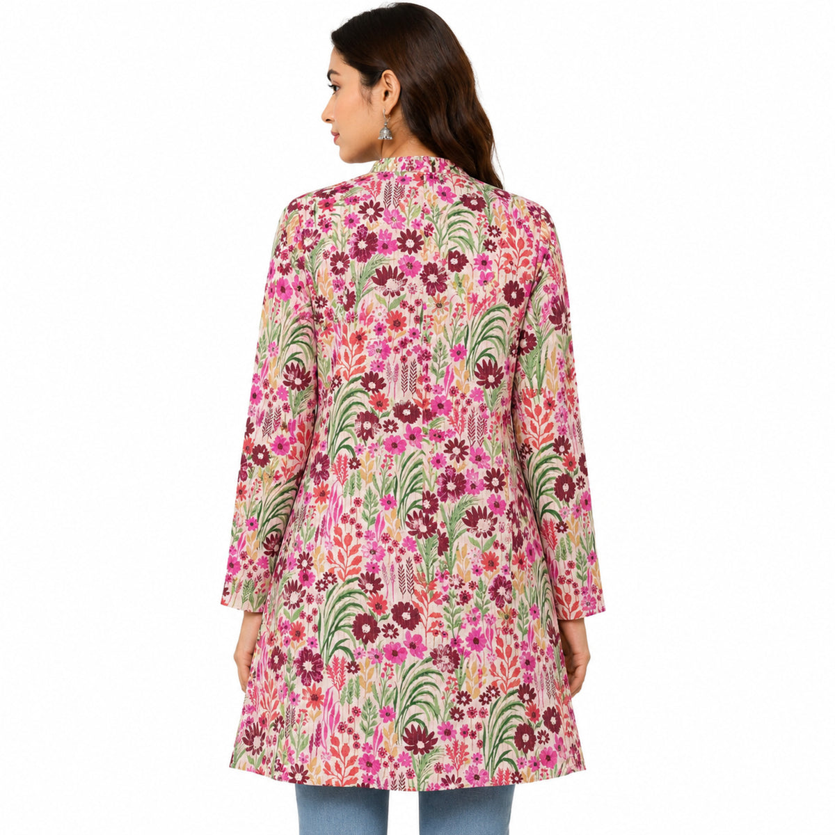 Women’s Pink Floral Printed Jacket – Full Sleeve Flared Jacket with Button-Front Design-4