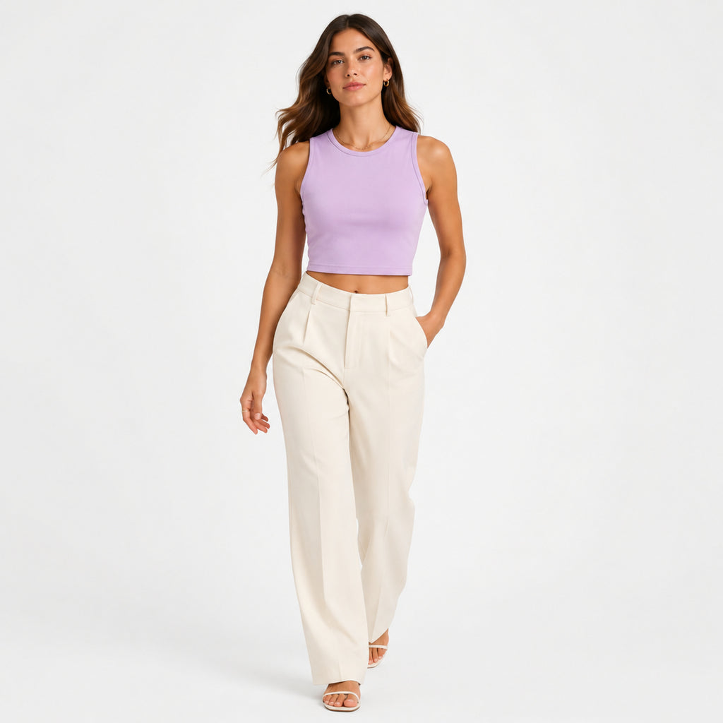 Women's Lavender Round Neck Sleeveless Fitted Crop Tank Top | Solid Everyday Basic-1