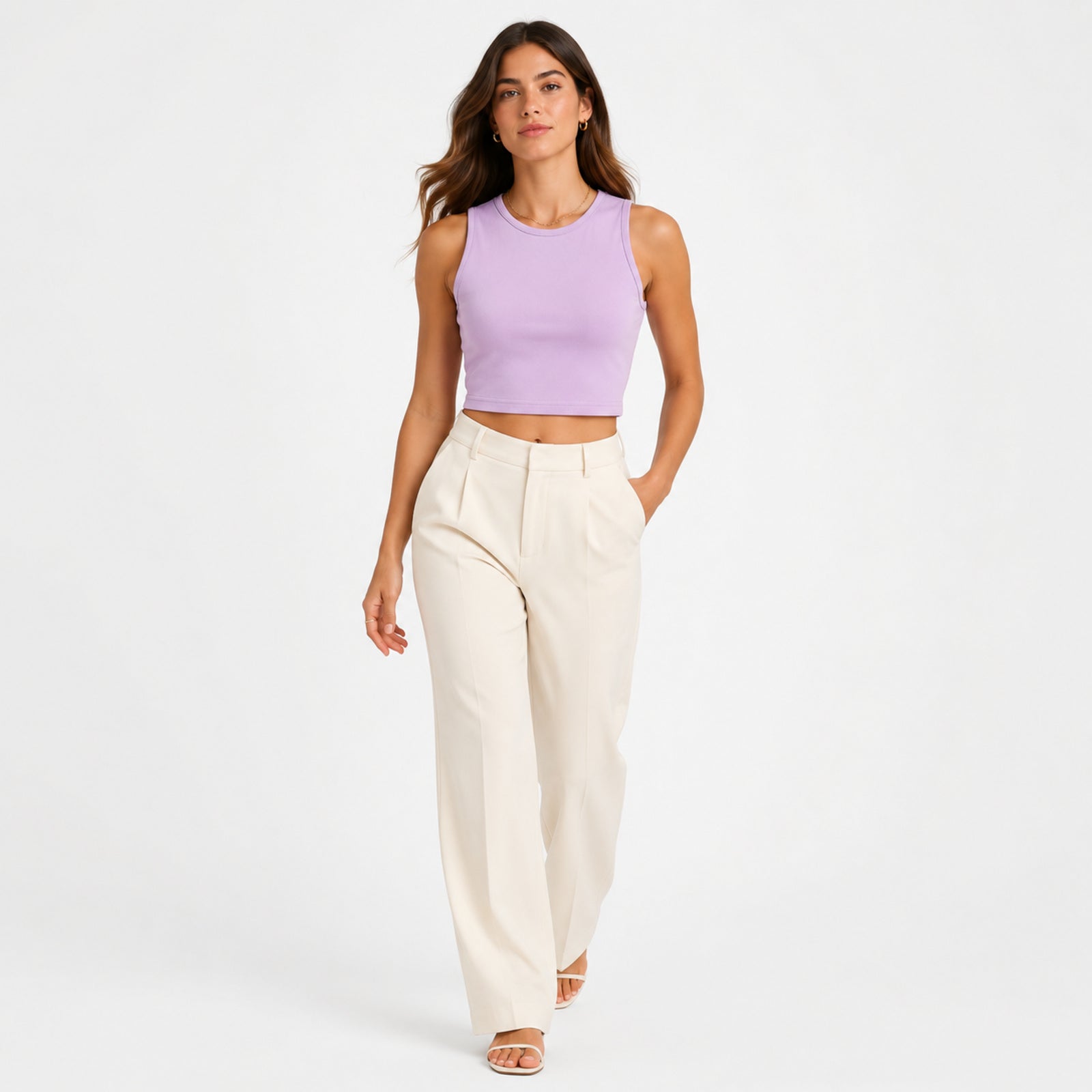 Women's Lavender Round Neck Sleeveless Fitted Crop Tank Top | Solid Everyday Basic-1