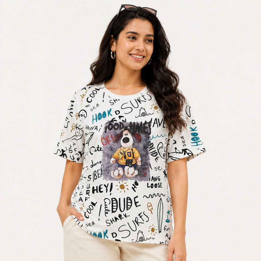 Women's White All-Over Doodle Print Cartoon Graphic Oversized T-Shirt | Relaxed Half Sleeve Casual Tee-3