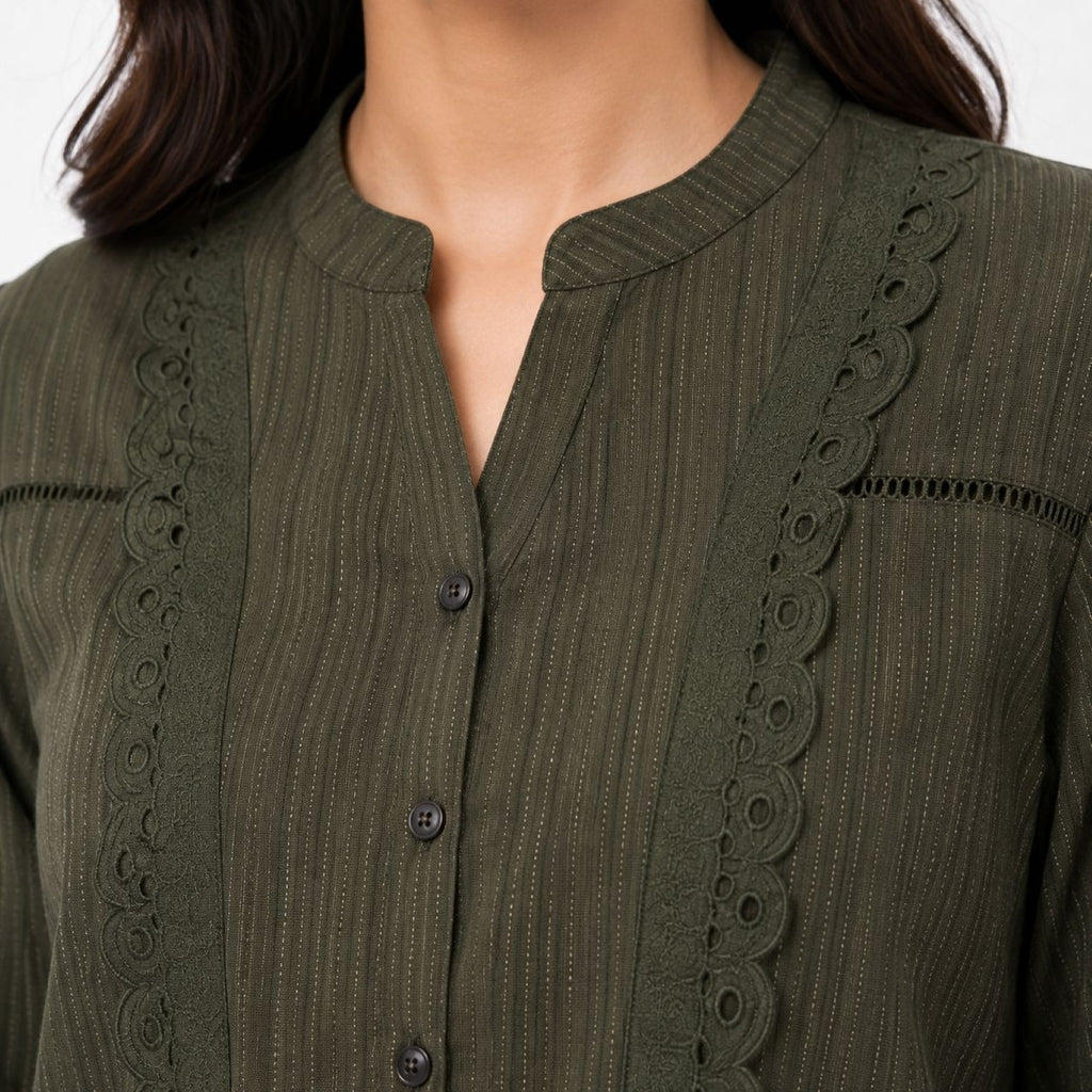 Women's Olive Green Textured Tunic Top | Mandarin Collar 3/4 Sleeve Button-Down Casual Shirt-2