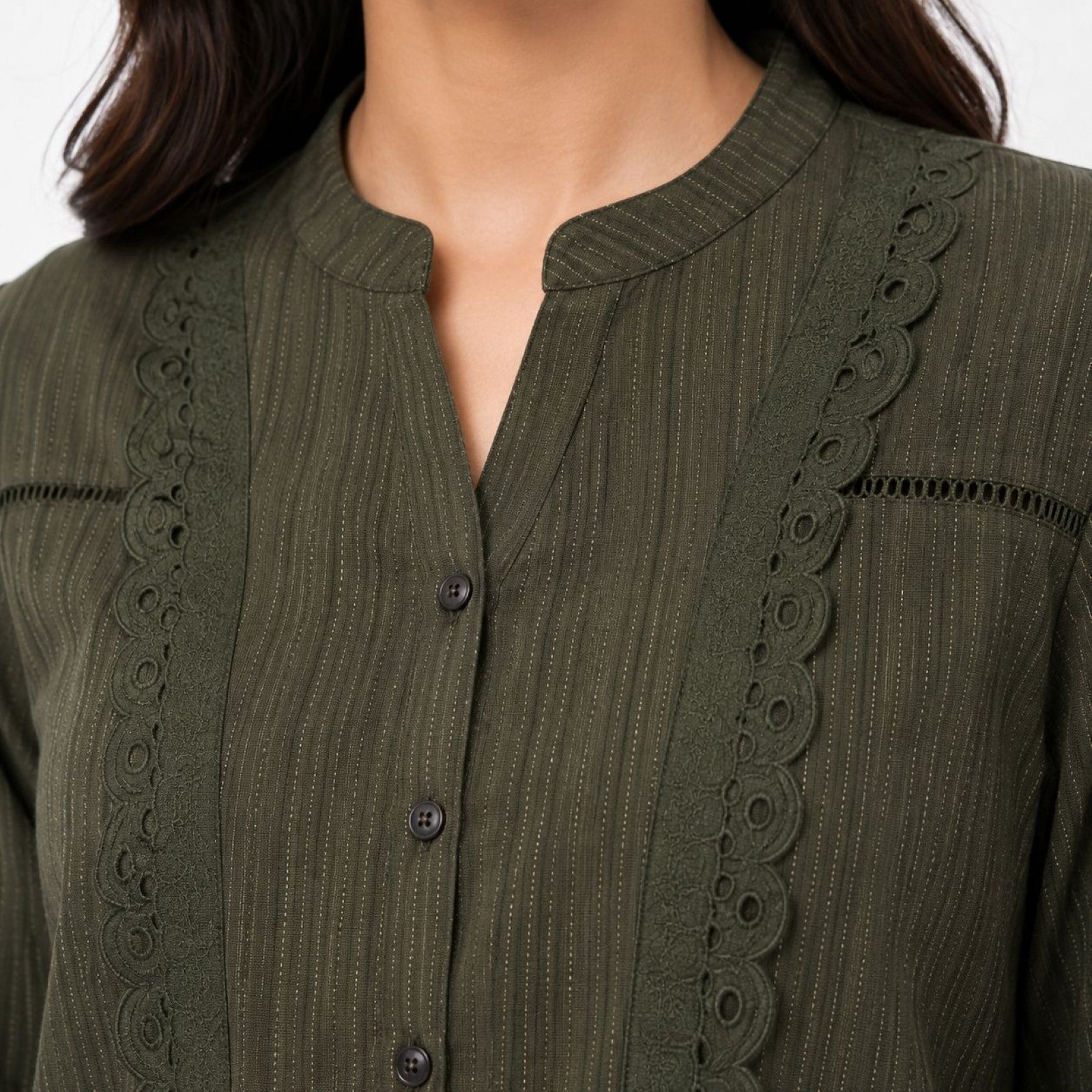 Women's Olive Green Textured Tunic Top | Mandarin Collar 3/4 Sleeve Button-Down Casual Shirt-2
