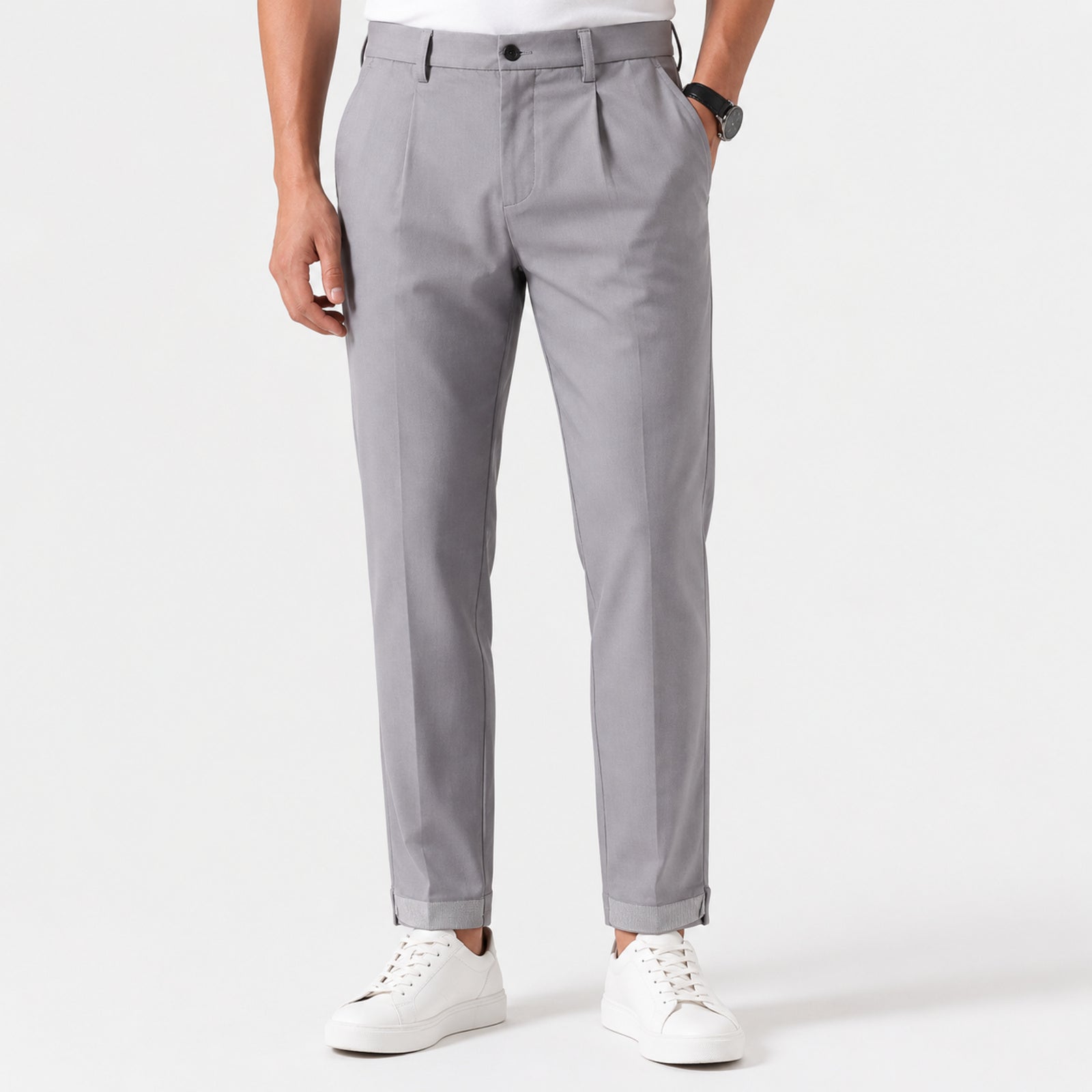 Men's Refined Light Grey Slim Fit Ankle-Length Formal Trousers-3