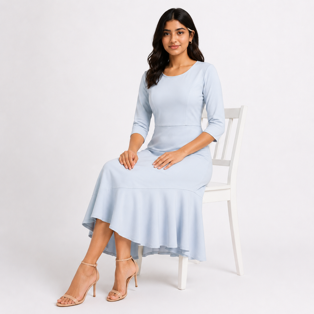 Women's Sky Blue Solid Round Neck Asymmetrical Ruffle Hem Midi Dress-3