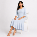 Women's Sky Blue Solid Round Neck Asymmetrical Ruffle Hem Midi Dress-3