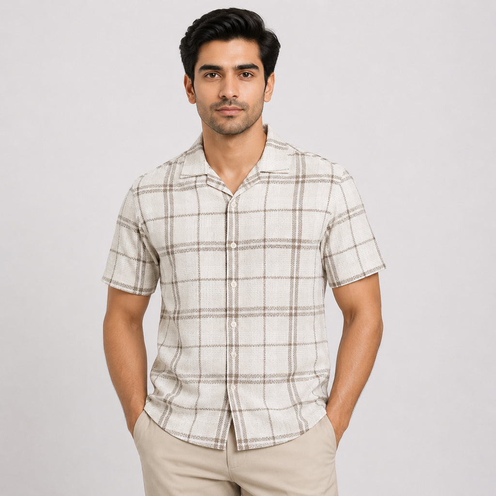 Men's Light Brown Checked Half Sleeve Casual Shirt-4