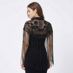 Women's Elegant Hand-Embroidered Mock Neck Black Poncho Cape with Metallic Fringe Tassel-4