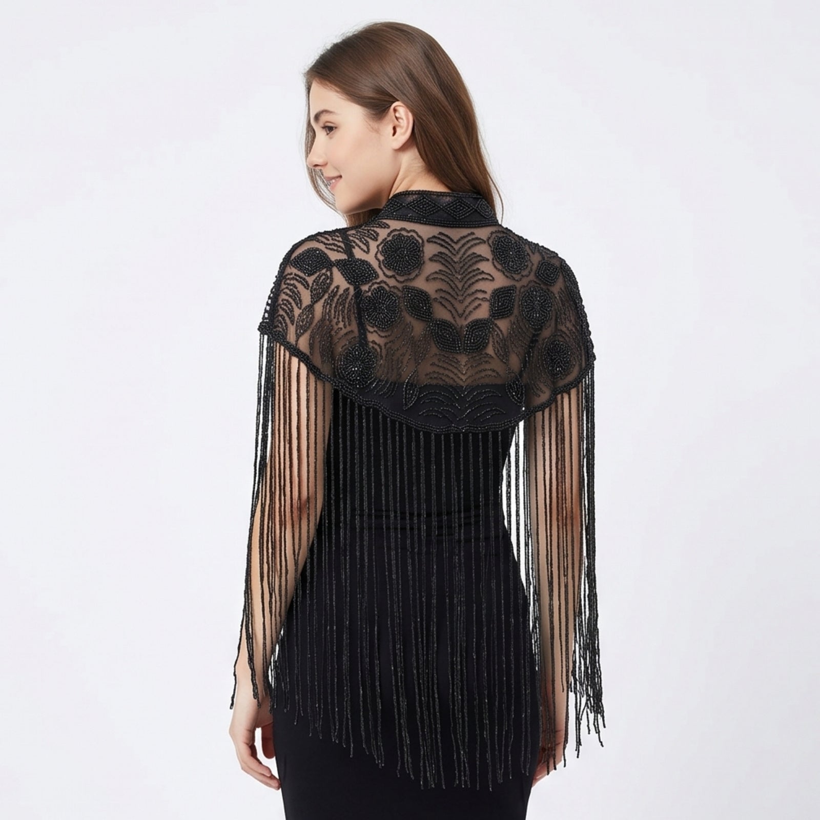 Women's Elegant Hand-Embroidered Mock Neck Black Poncho Cape with Metallic Fringe Tassel-4