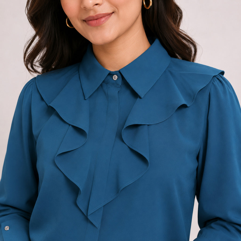 Women's Sophisticated Peacock Green Ruffle Accent Formal Top-3