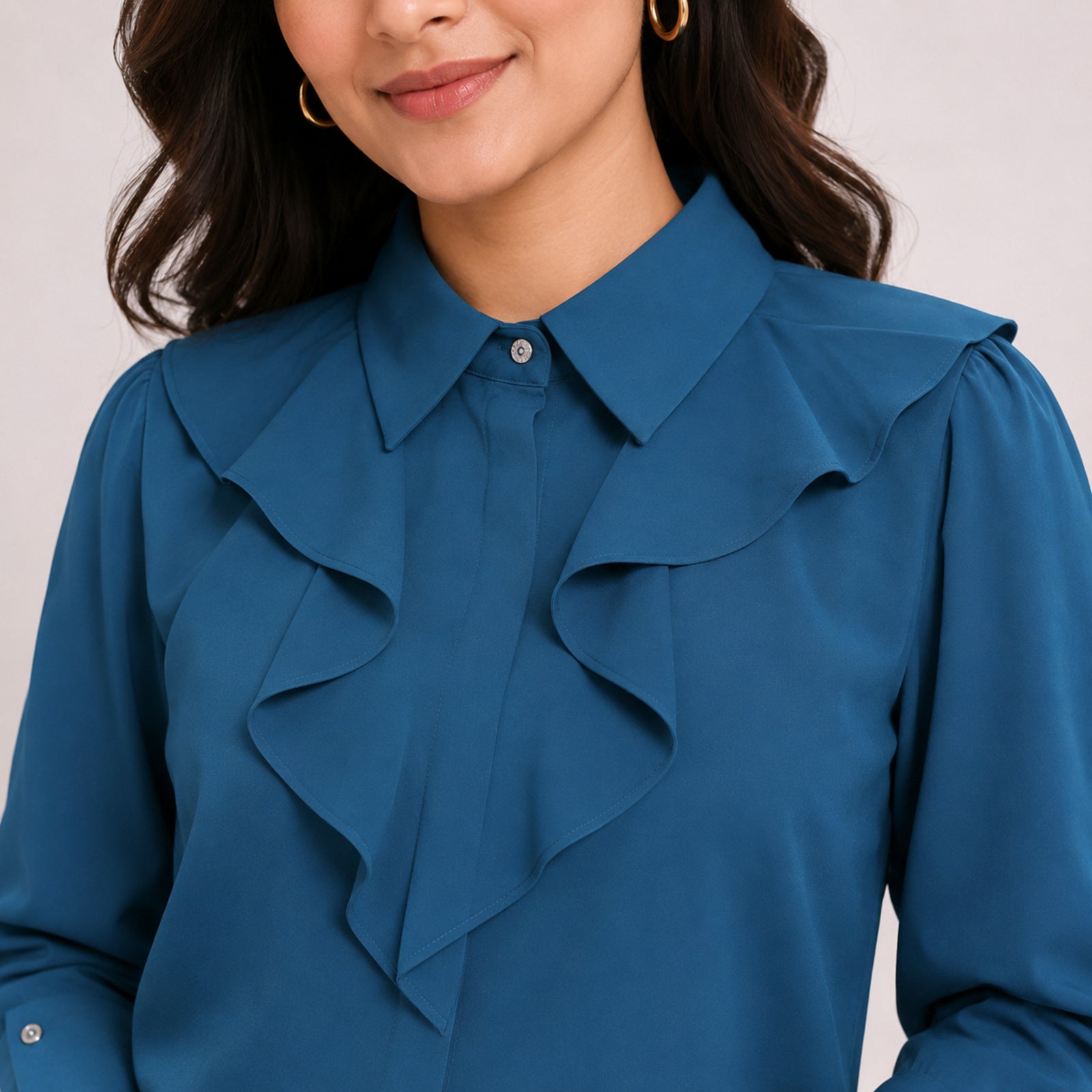 Women's Sophisticated Peacock Green Ruffle Accent Formal Top-3