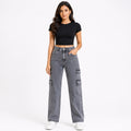 Women's Light Grey High Waist Cargo Jeans | Trendy Wide Leg Utility Denim Pants with Multi Pocket Design-1