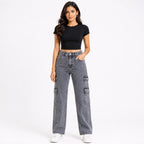 Women's Light Grey High Waist Cargo Jeans | Trendy Wide Leg Utility Denim Pants with Multi Pocket Design-1