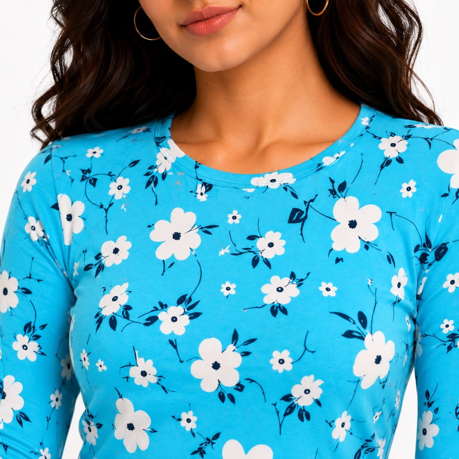 Women's Blue Floral Long Sleeve Crop Top-2