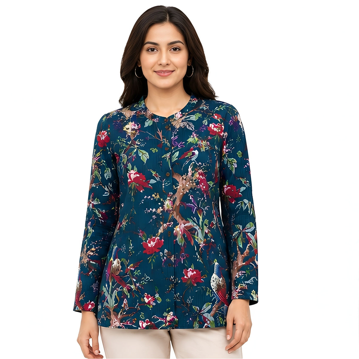 Women's Navy Blue Floral Printed Jacket Full Sleeve Button-Front Jacket with Round Neck-1