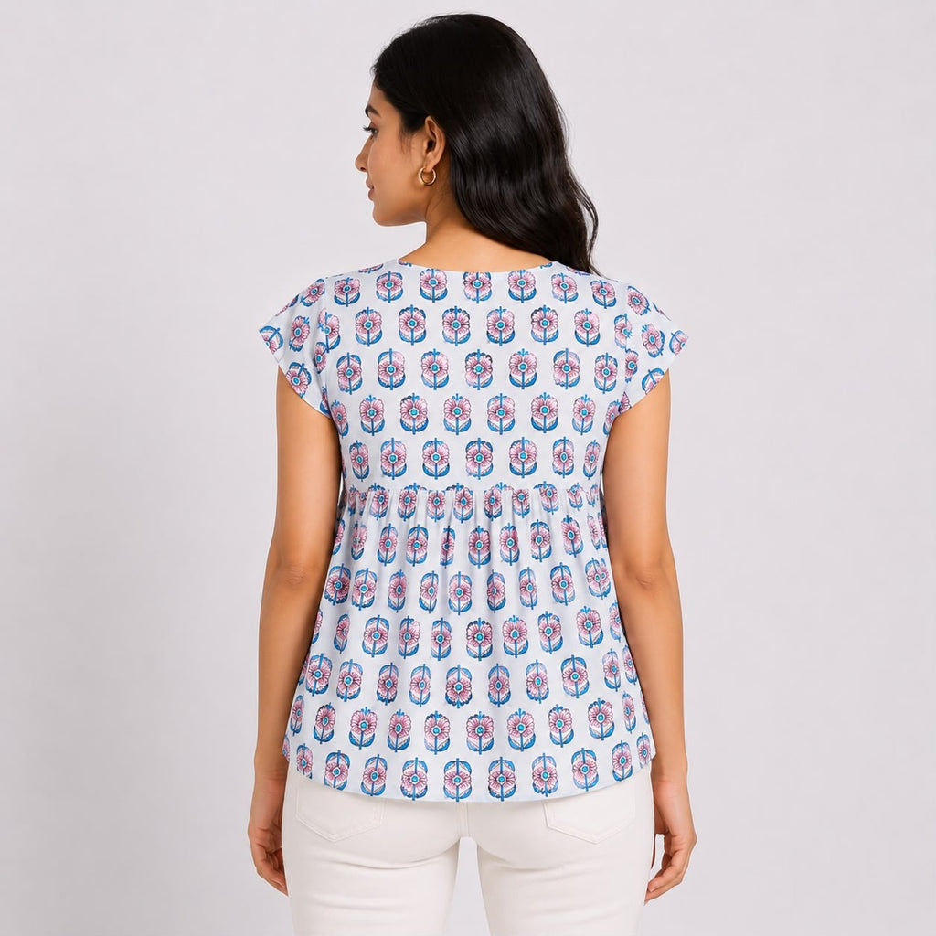 Women's Blue Floral Print Flutter Sleeve Peplum Top-3