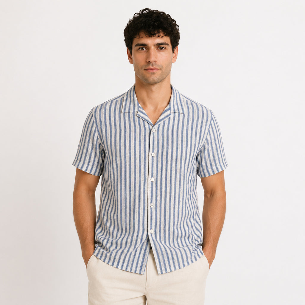 Men's White & Blue Vertical Stripe Cuban Collar Shirt-2