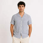 Men's White & Blue Vertical Stripe Cuban Collar Shirt-2