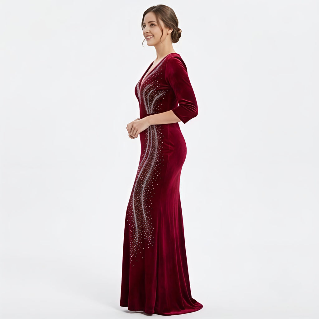 Women's Burgundy Embellished Evening Gown-4