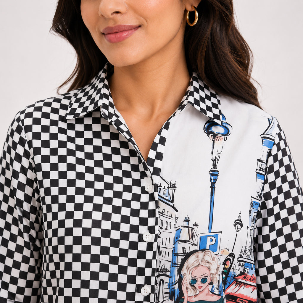 Women's Obsidian Midnight Black "Paris" Graphic Checkerboard Tunic Shirt-3