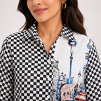 Women's Obsidian Midnight Black "Paris" Graphic Checkerboard Tunic Shirt-3