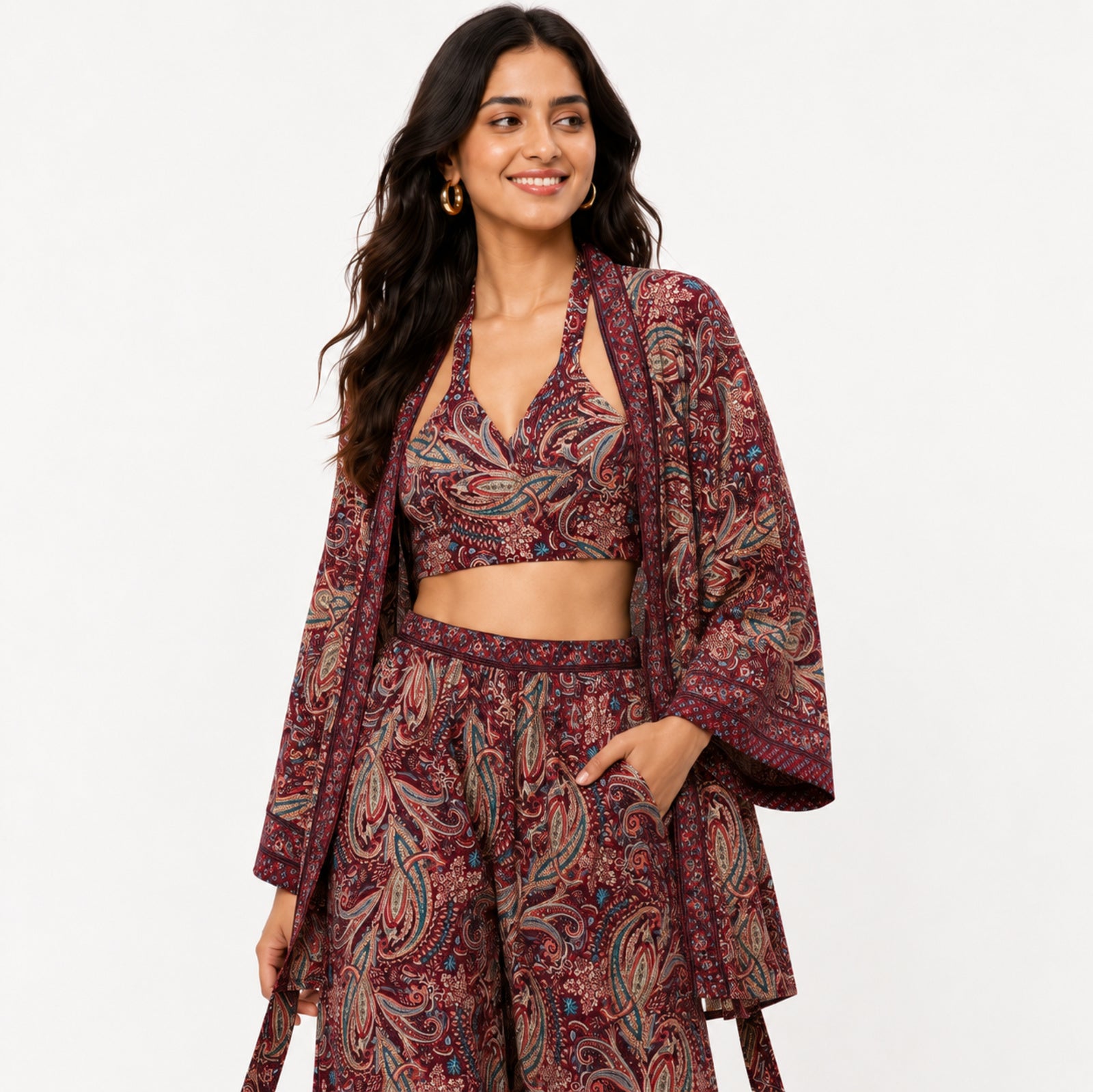 Women's Maroon Paisley 3-Piece Co-Ord Set with Kimono Shrug-2