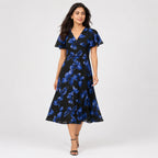 Women's Blue Floral Button-Front Midi Dress with Flutter Sleeves-1