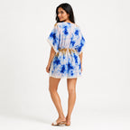 Women's Blue Tie-Dye Lace Trim Kaftan Mini Dress | Resort Wear Cover-Up-4