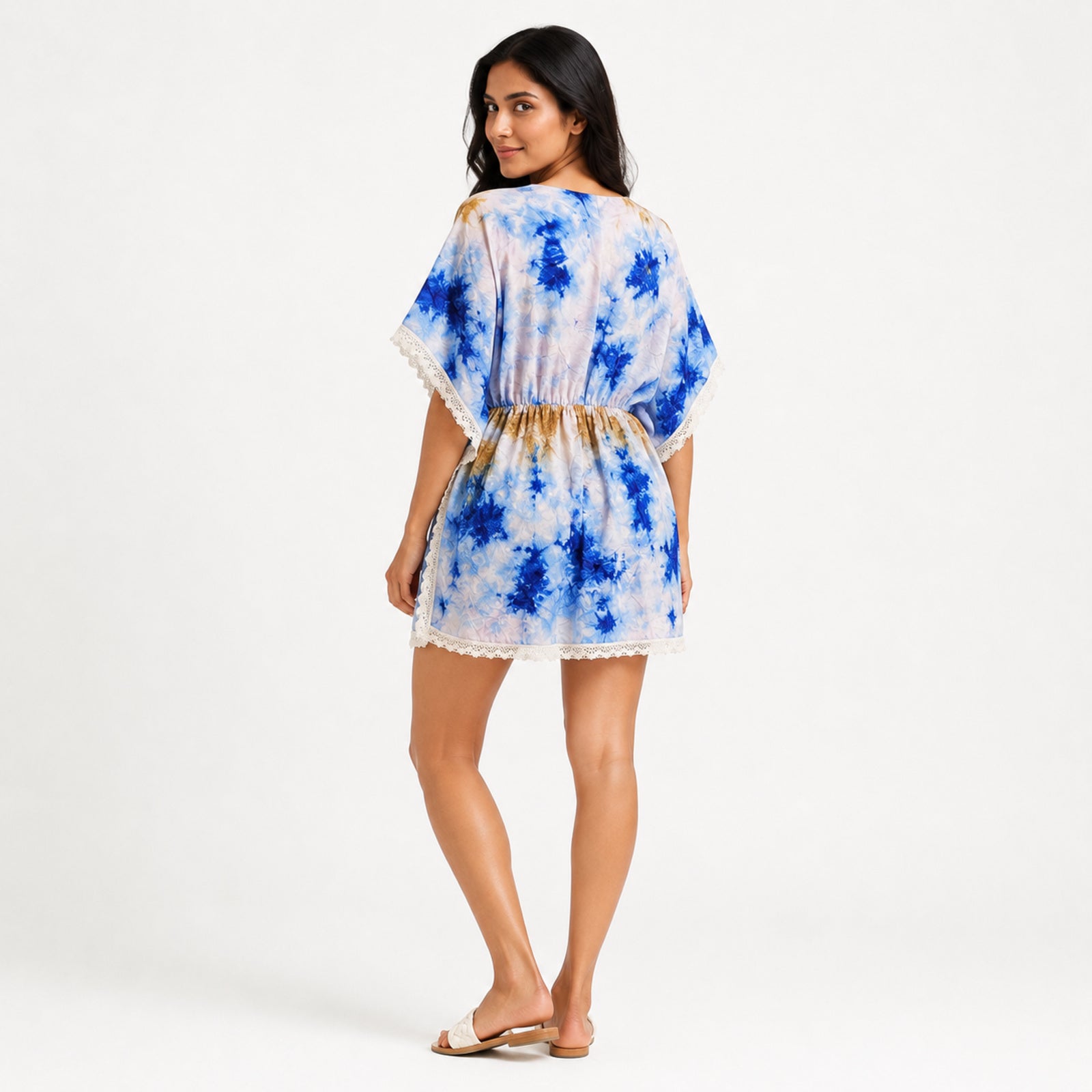 Women's Blue Tie-Dye Lace Trim Kaftan Mini Dress | Resort Wear Cover-Up-4