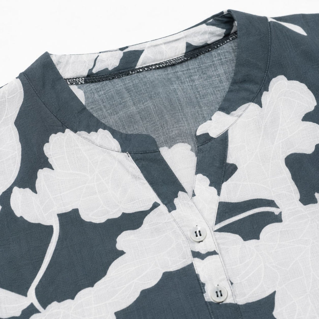 Women's Grey Floral Print A-Line Dress | V-Neck 3/4 Sleeve Knee Length Casual Dress-3