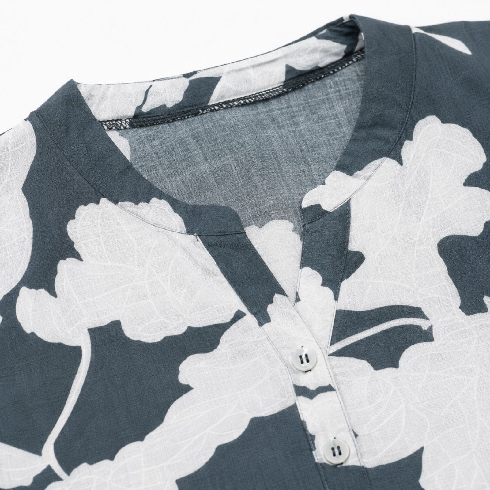 Women's Grey Floral Print A-Line Dress | V-Neck 3/4 Sleeve Knee Length Casual Dress-3