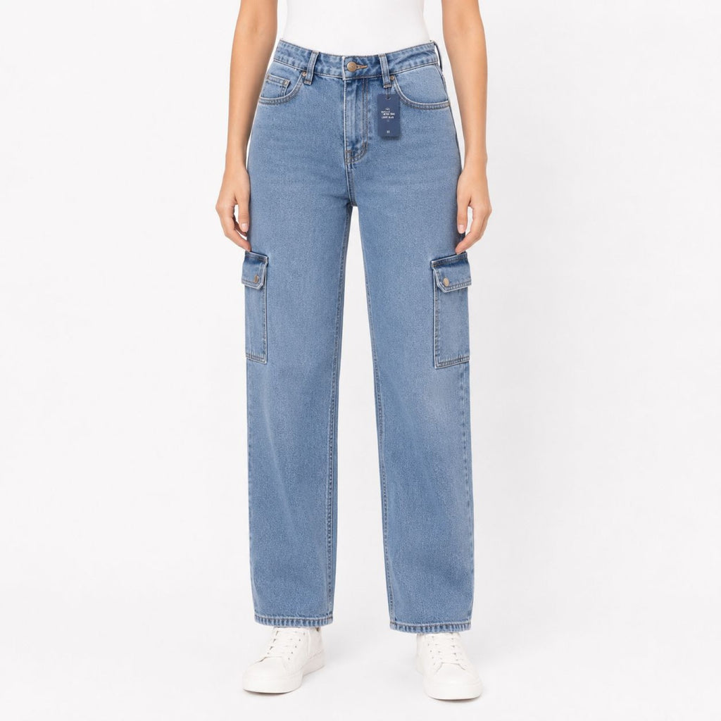 Women's Light Blue High-Rise Cargo Jeans | Wide Leg Denim Pants with Utility Pockets-1