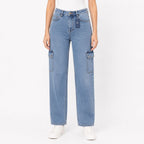 Women's Light Blue High-Rise Cargo Jeans | Wide Leg Denim Pants with Utility Pockets-1