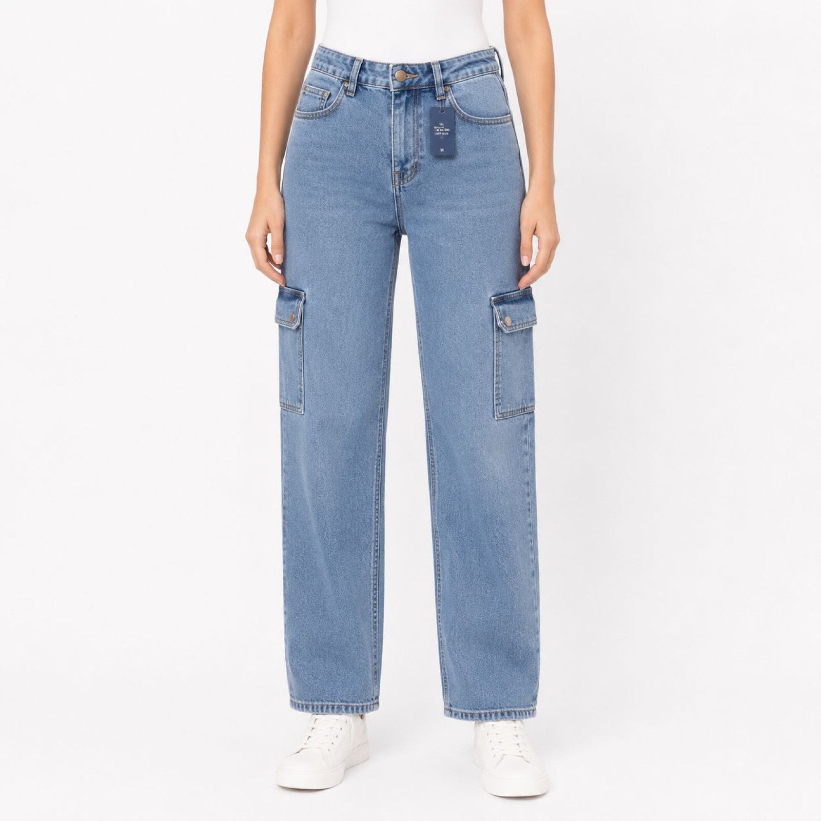 Women's Light Blue High-Rise Cargo Jeans | Wide Leg Denim Pants with Utility Pockets-1