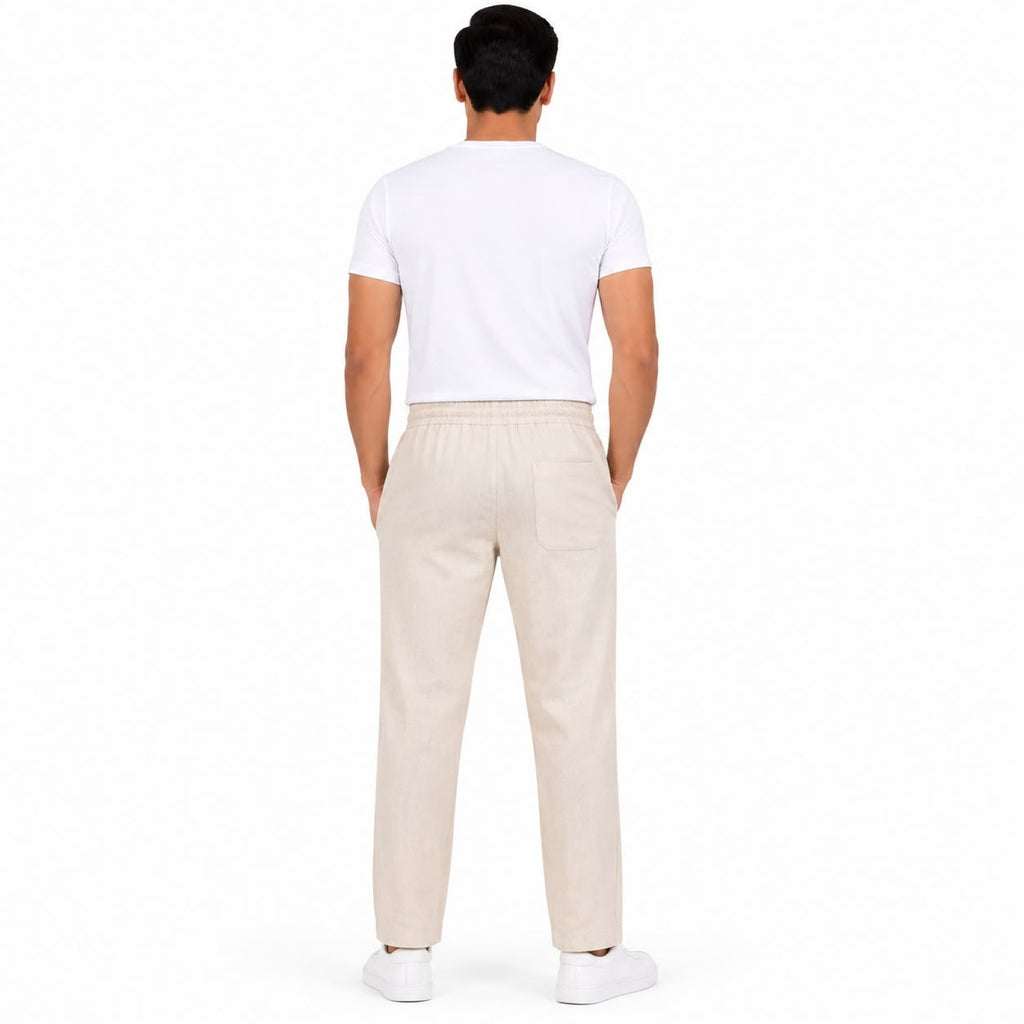 Men's Cream Textured Drawstring Waist Relaxed Casual Trousers-4