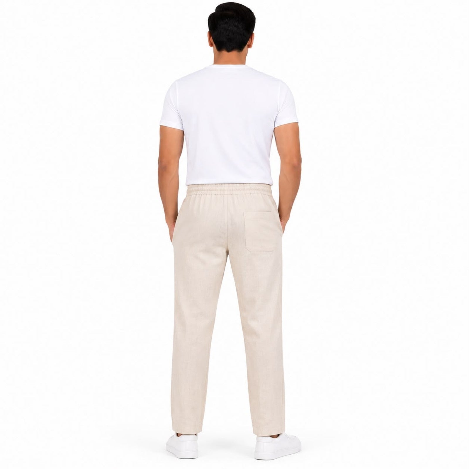 Men's Cream Textured Drawstring Waist Relaxed Casual Trousers-4