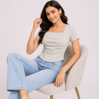 Women's Sage Green Solid Square Neck Ruched Fitted Top with Short Sleeves-2