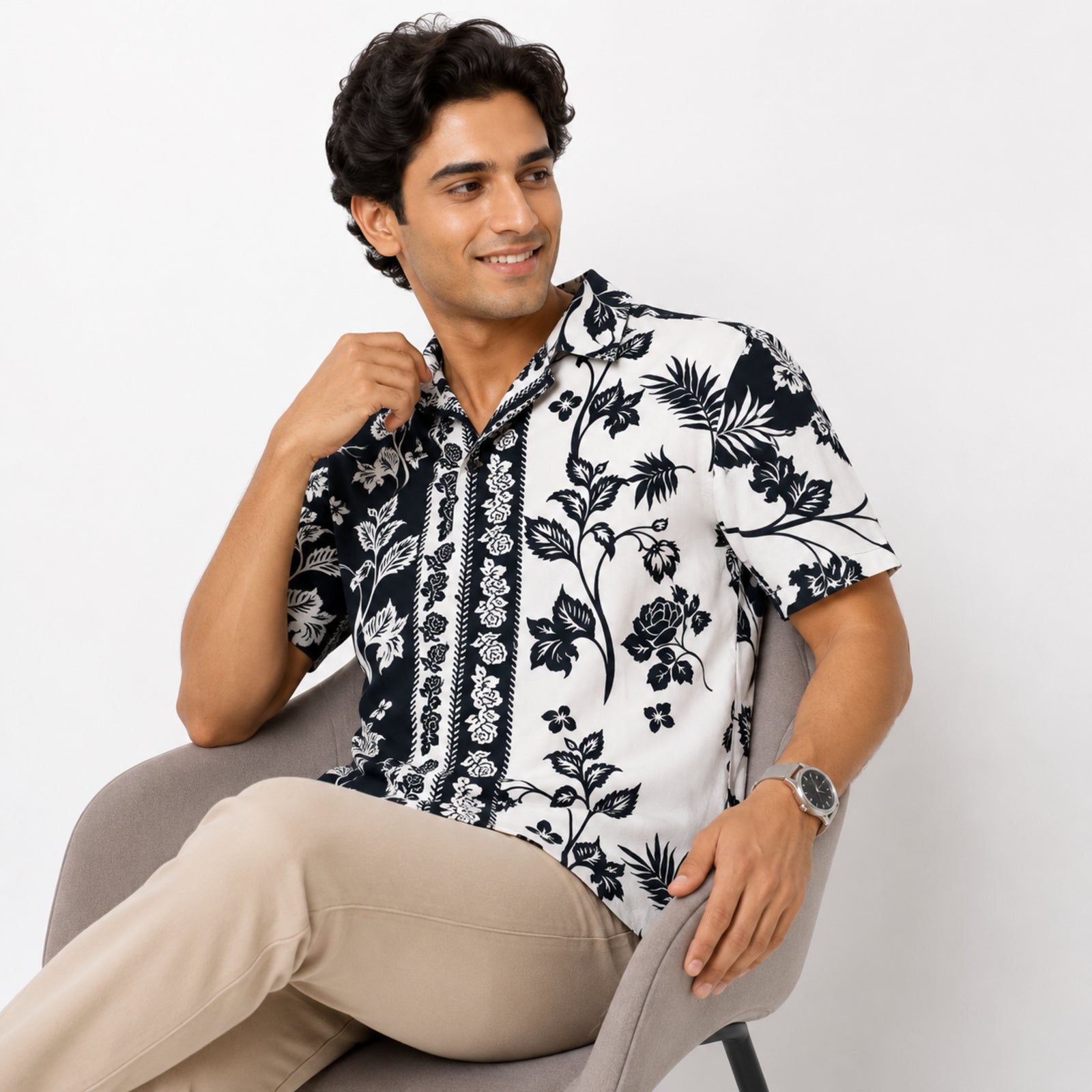 Men's Dark Blue Floral Print Half Sleeve Casual Shirt-4