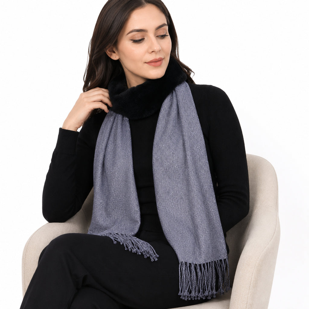 Women's Slate Grey Faux Fur Trim Winter Scarf-1