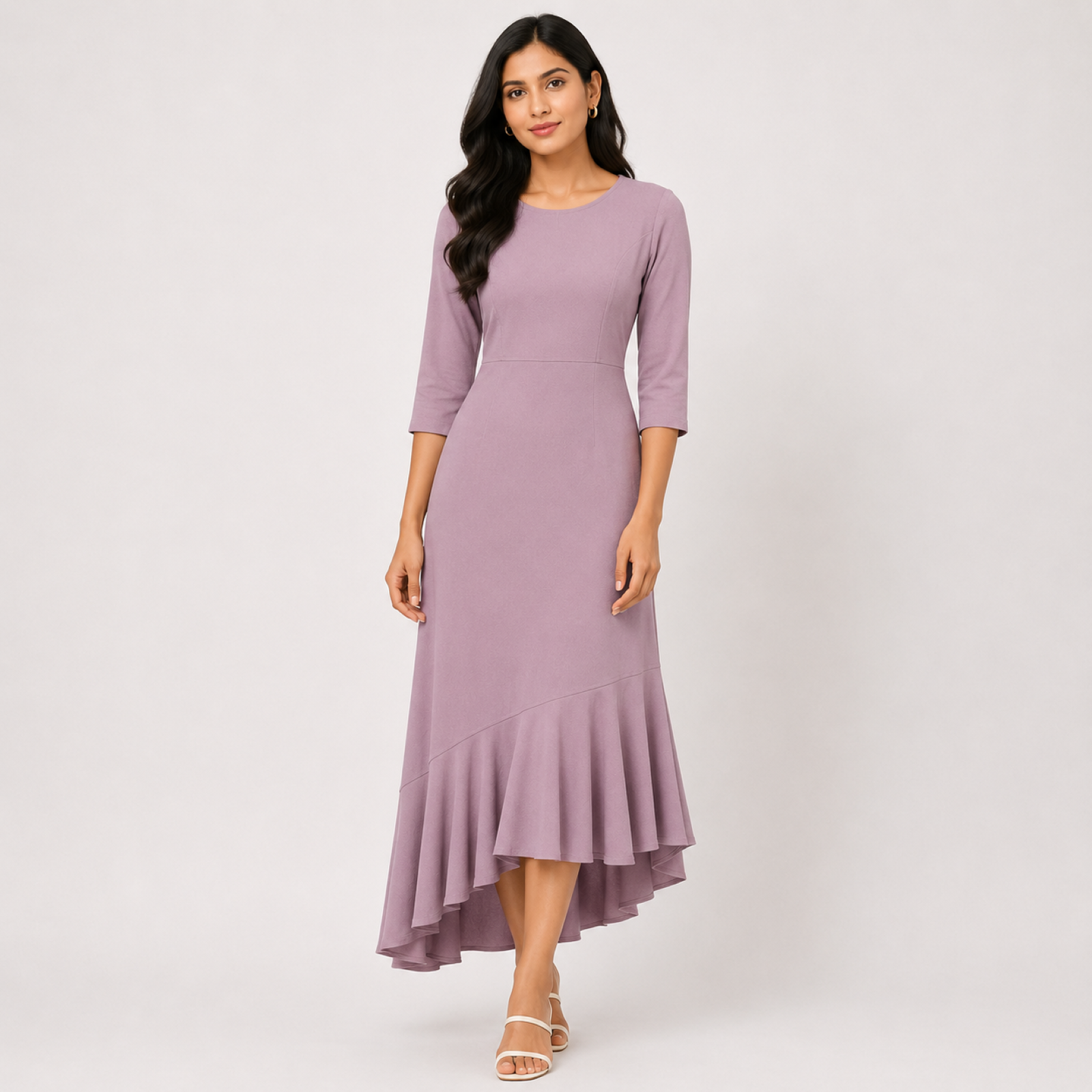 Women's Light Pink Solid Round Neck High-Low Ruffle Hem Midi Dress-2