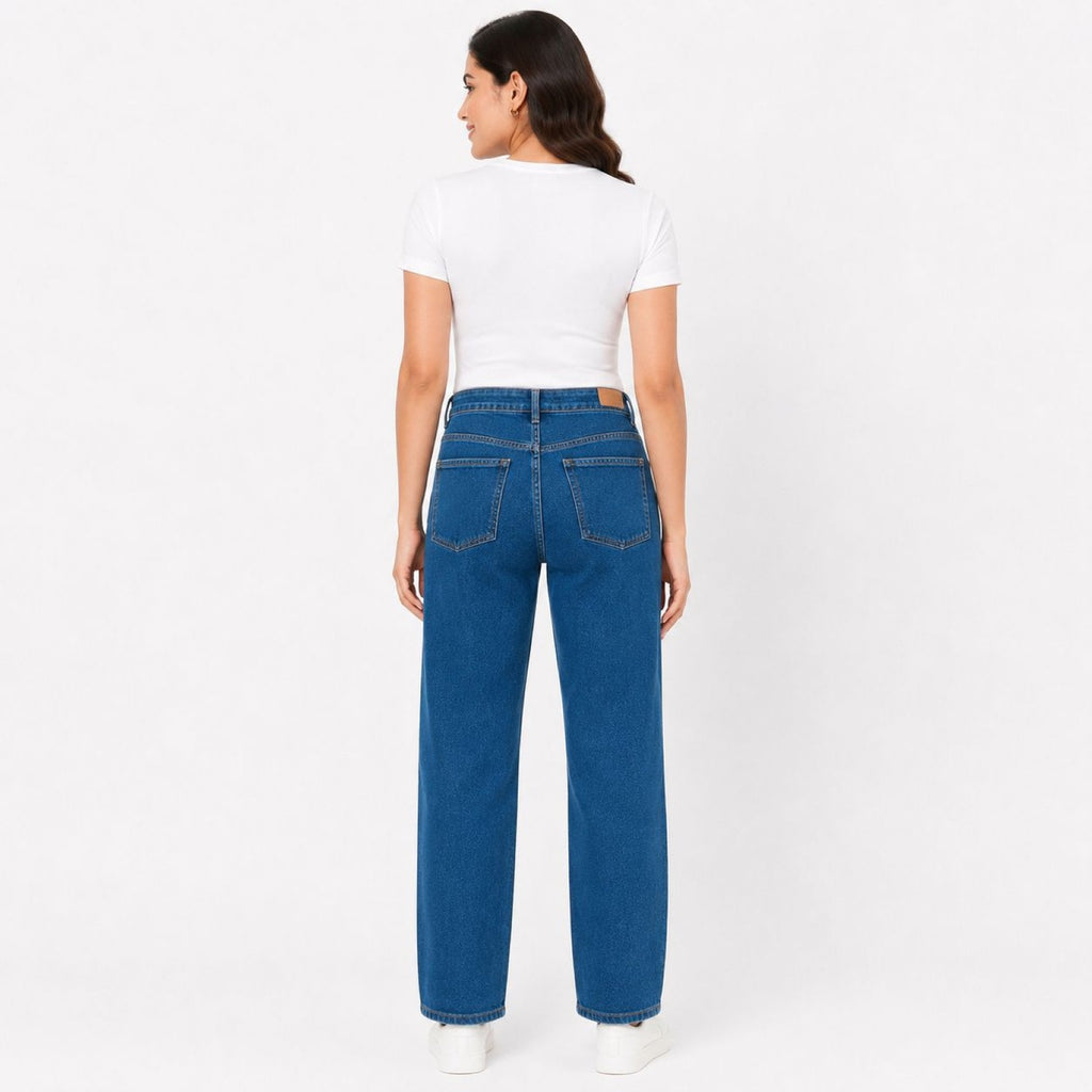 Women's Blue High-Rise Wide Leg Jeans | Classic Straight Fit Denim Pants-4