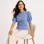 Women's Blue Puff Sleeve High Neck Knit Top-3