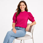 Women's Dark Pink High Neck Puff Sleeve Top | Solid Casual Elegant Knit Top-2