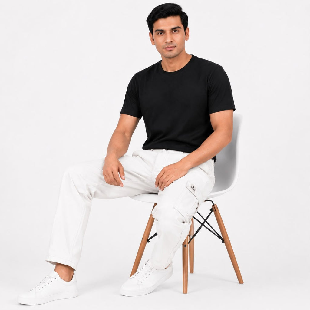 Men's White Utility Cargo Pants with Side Patch Pockets-2