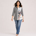 Women's Obsidian Midnight Black "Paris" Graphic Checkerboard Tunic Shirt-1