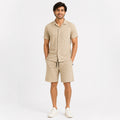 Men's Beige Monogram Textured Cuban Collar Shirt and Shorts Co-ord Set-4
