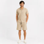 Men's Beige Monogram Textured Cuban Collar Shirt and Shorts Co-ord Set-4