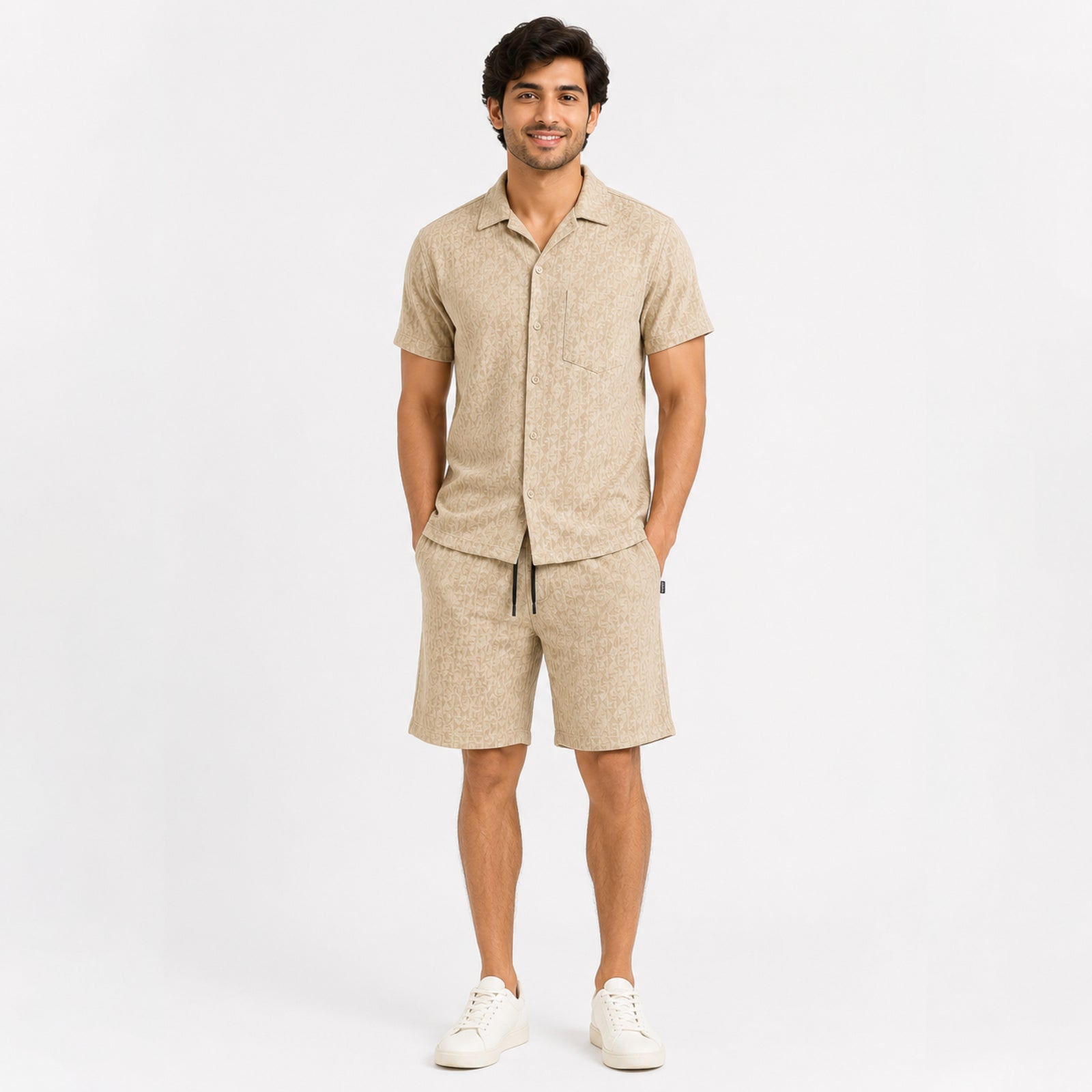 Men's Beige Monogram Textured Cuban Collar Shirt and Shorts Co-ord Set-4