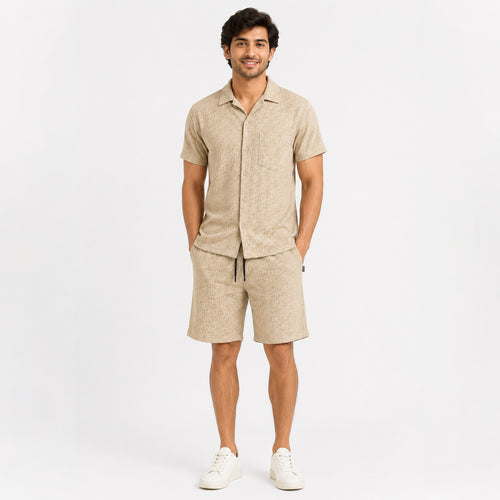 Men's Beige Monogram Textured Cuban Collar Shirt and Shorts Co-ord Set-4