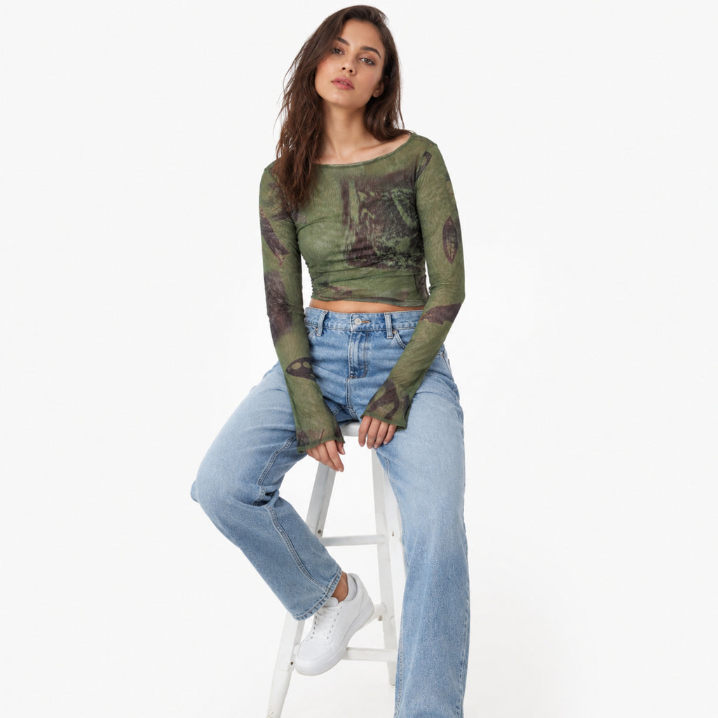 Women's Green Abstract Print Sheer Mesh Crop Top-3