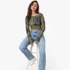 Women's Green Abstract Print Sheer Mesh Crop Top-3